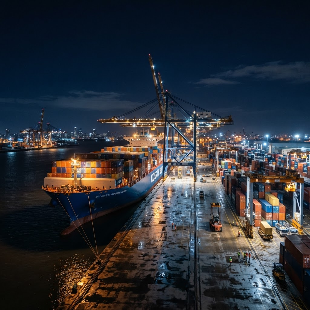 Porte-conteneurs à quai au terminal du port de Lomé, la nuit